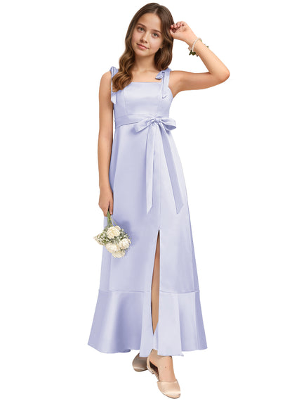 dideyttawl Junior Bridesmaid Dresses for Teens Silk Satin Adjustable Straps Flower Girl Dress with Slit 2529