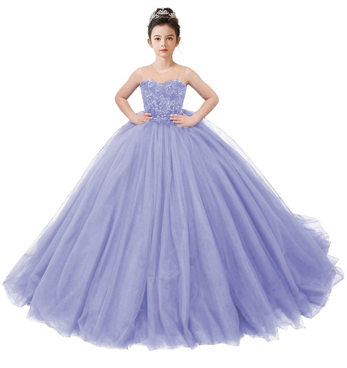 2025 Spring Embroidery Lace Appliqued Tulle Flower Girls Dress Wedding Guest Dress Puffy Princess Dress Strapless Full Length Pageant Dress