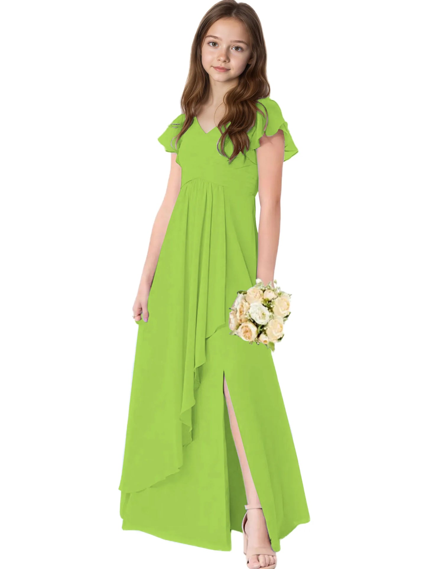 Dideyttawl Chiffon Junior Bridesmaid Dresses Ruffle Sleeves Party Gown 2506