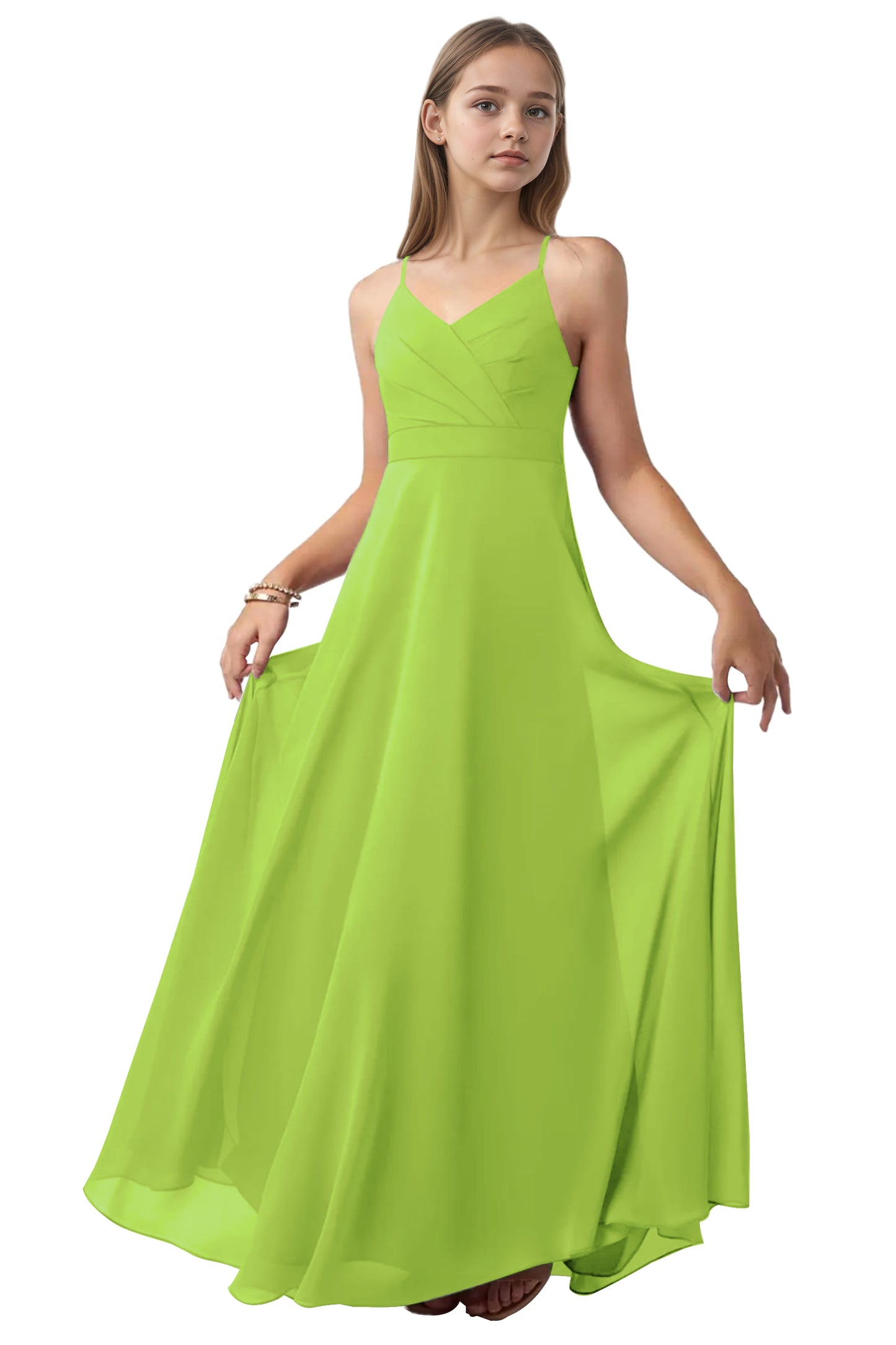 dideyttawl V-Neck Junior Bridesmaid Dress Spaghetti Straps Pleated Chiffon A-Line Flower Girl Dress 2510