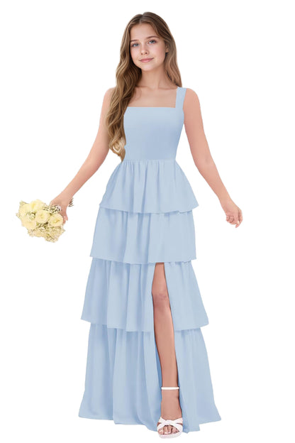 dideyttawl Junior Bridesmaid Dress Spaghetti Strap Square Neck Layered Chiffon A-Line Flower Girl Dress with Slit 2509