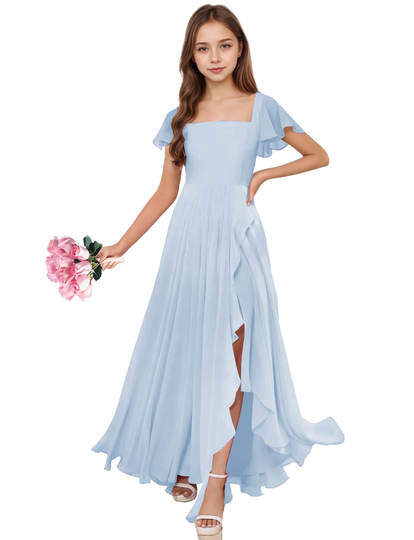 dideyttawl Junior Bridesmaid Dresses Ruffle Sleeve Square Neck Chiffon A-Line Flower Girl Dress with Slit 2508