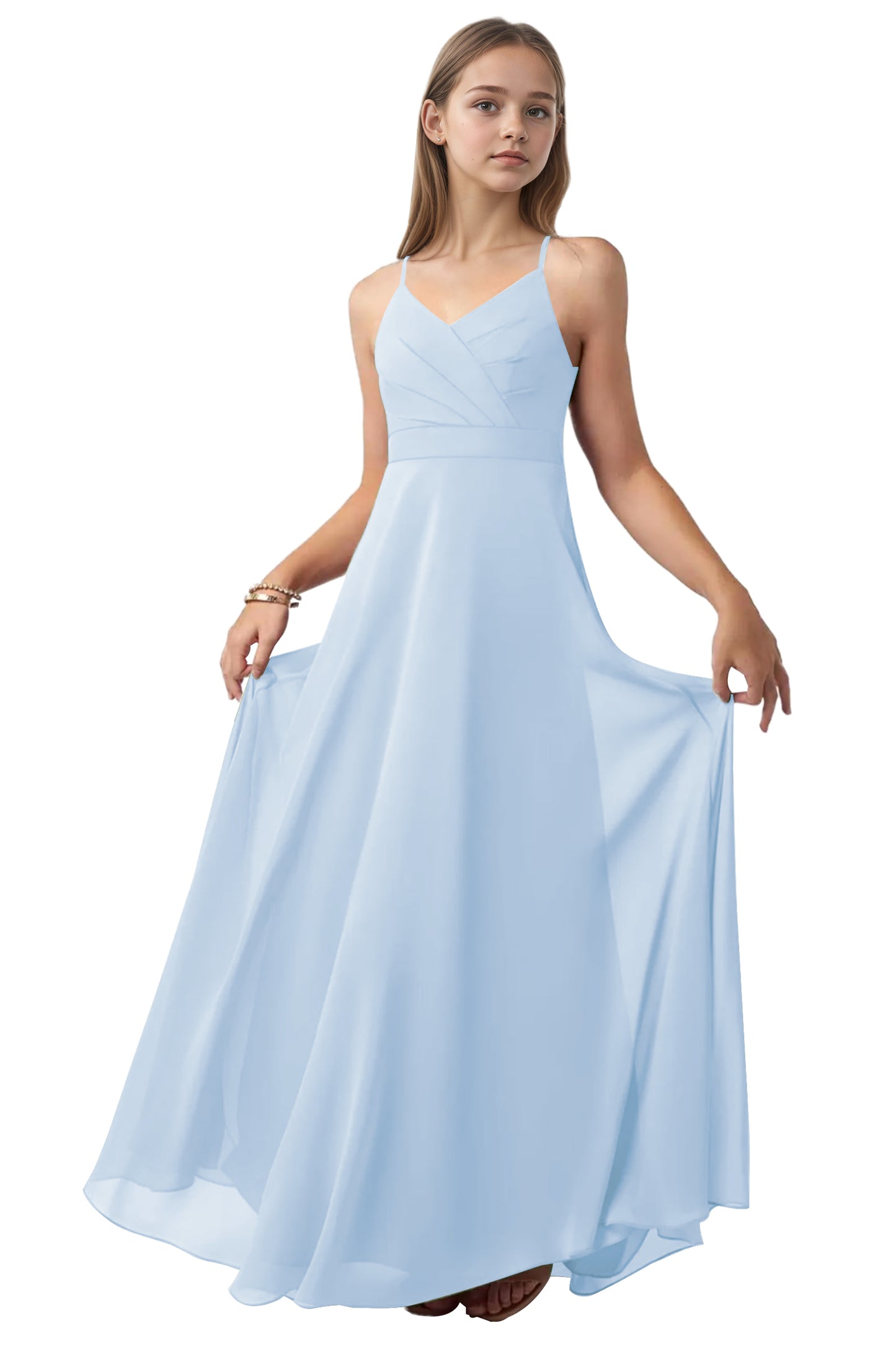 dideyttawl V-Neck Junior Bridesmaid Dress Spaghetti Straps Pleated Chiffon A-Line Flower Girl Dress 2510