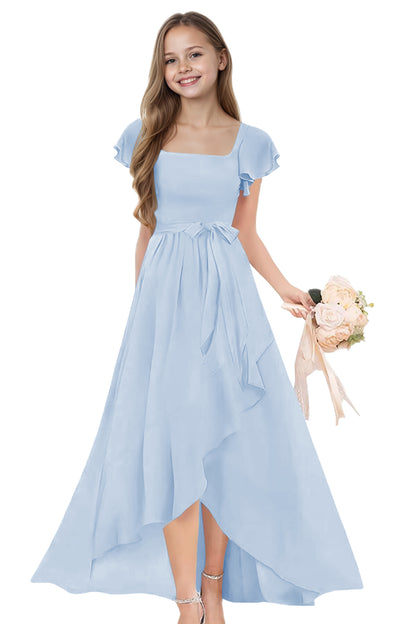 dideyttawl Long Junior Bridesmaid Dresses Ruffle Sleeve Square Neck Chiffon Flower Girl Dress for Wedding 2507