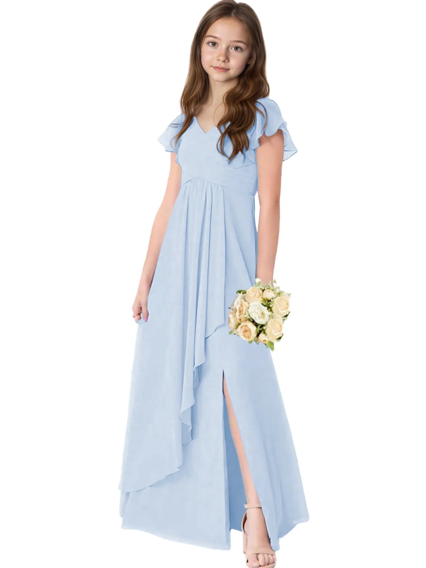 Dideyttawl Chiffon Junior Bridesmaid Dresses Ruffle Sleeves Party Gown 2506