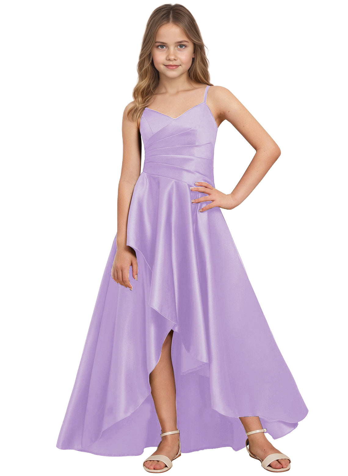 dideyttawl High Low Junior Bridesmaid Dress V-Neck Silk Satin Flower Girl Dress Sleeveless Formal Special Occasion Dress for Wedding 2523
