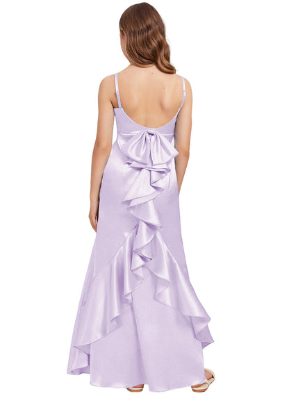 dideyttawl Mermaid Junior Bridesmaid Dress with Slit V-Neck Ruffles Bow Stretch Satin Flower Girl Dress Sleeveless Formal Special Occasion Dress for Wedding 2522