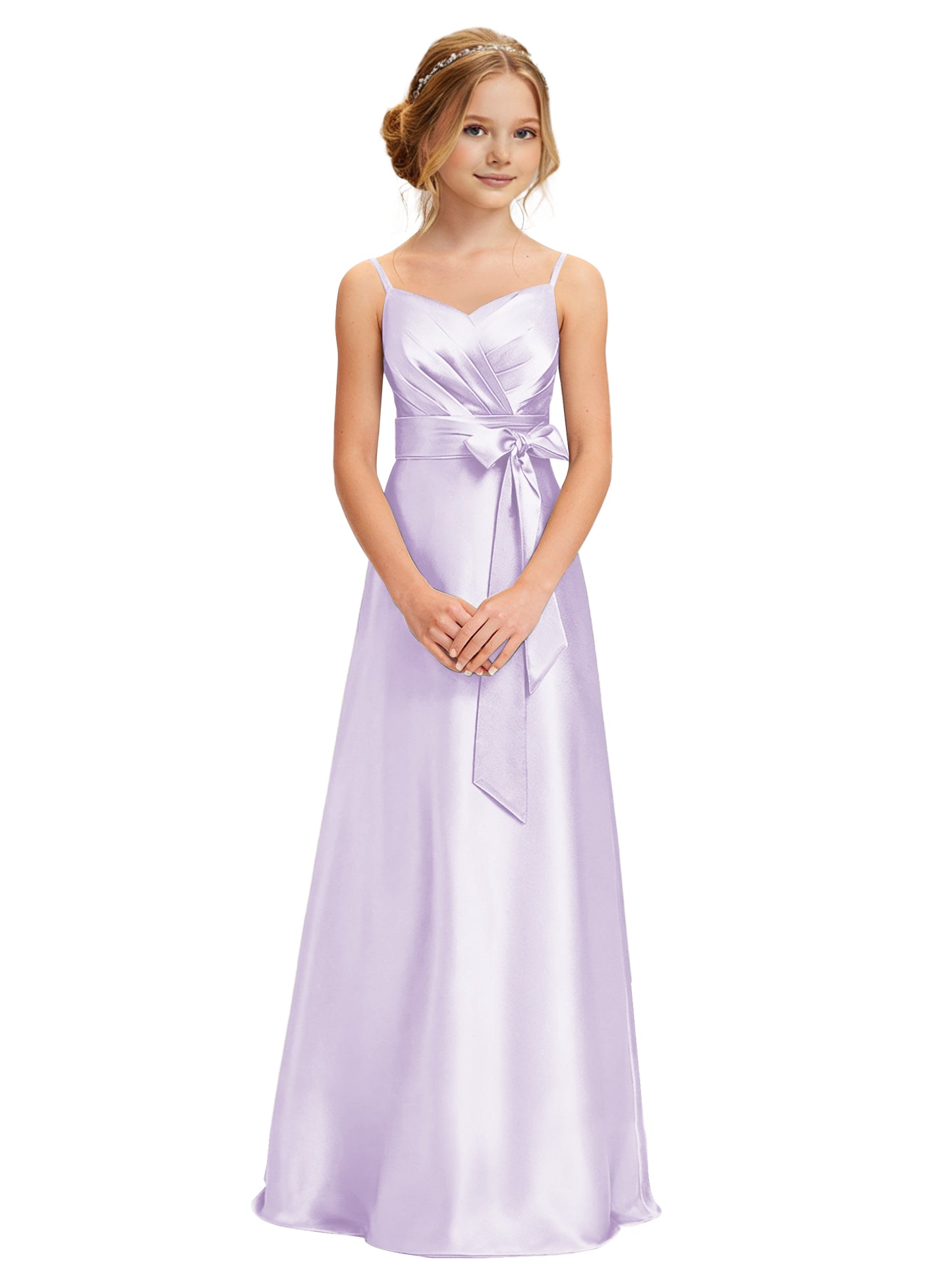dideyttawl 2026 Girls Pleated Satin Prom Dress Bow Belt Ball Gown Maxi Spaghetti Straps Junior Bridesmaid Dress 2547