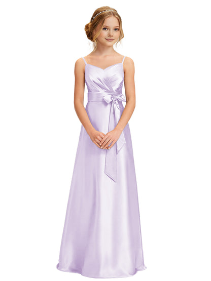 dideyttawl 2026 Girls Pleated Satin Prom Dress Bow Belt Ball Gown Maxi Spaghetti Straps Junior Bridesmaid Dress 2547