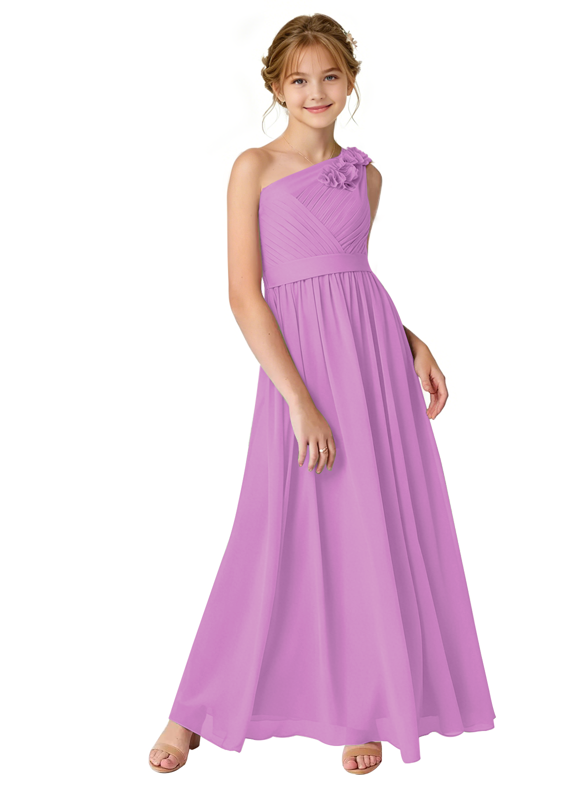 dideyttawl One Shoulder Pleated Junior Bridesmaid Dresses for Wedding A-Line Chiffon 3D Flower Girls Formal Party Dress 2604