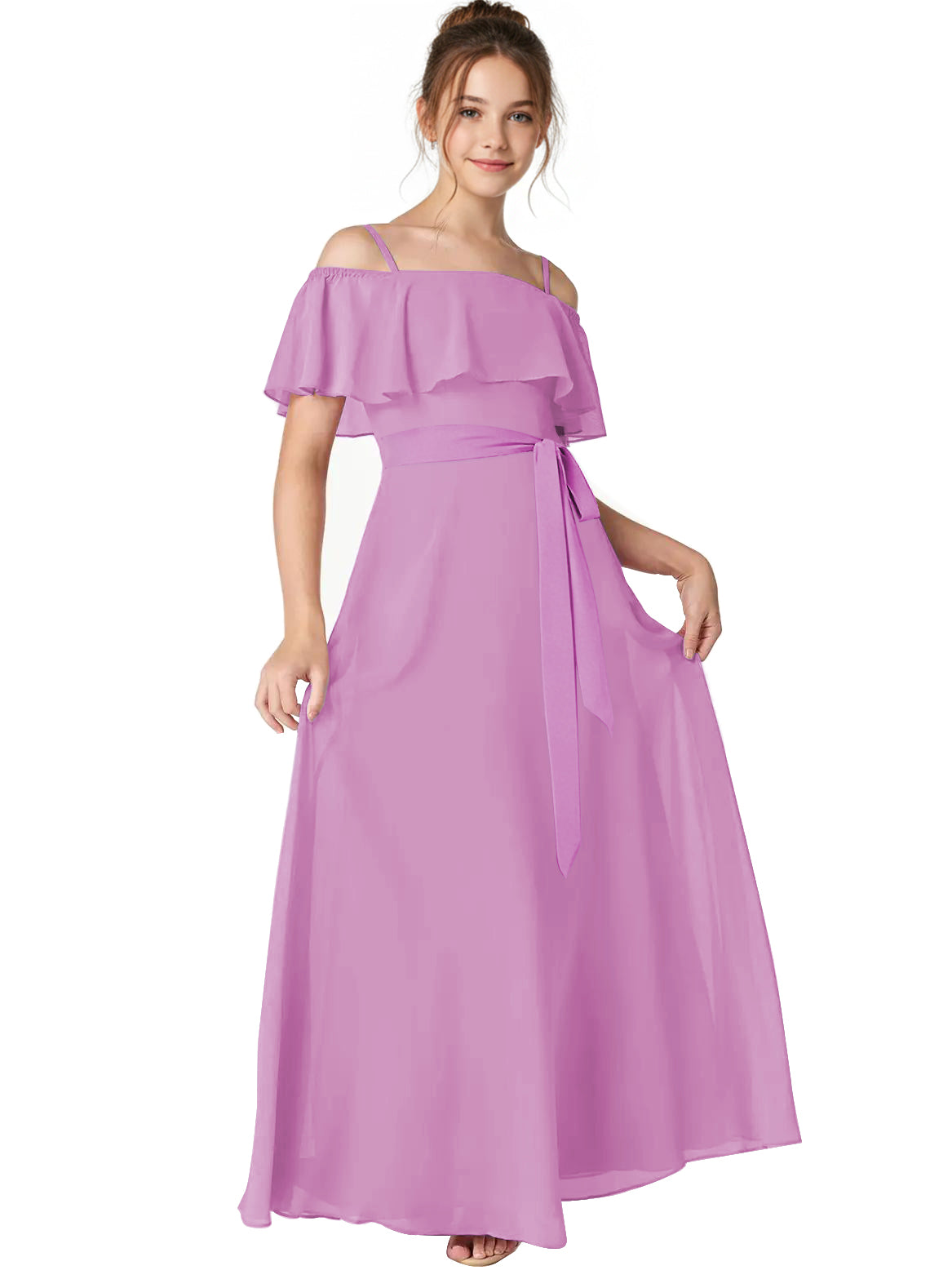 Dideyttawl Junior Bridesmaid Dress with Ruffle Off-the-Shoulder, Lavender / 16