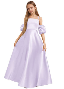 Dideyttawl Cold Shoulder Junior Bridesmaid Dress Satin Girls Pageant Gown 2525