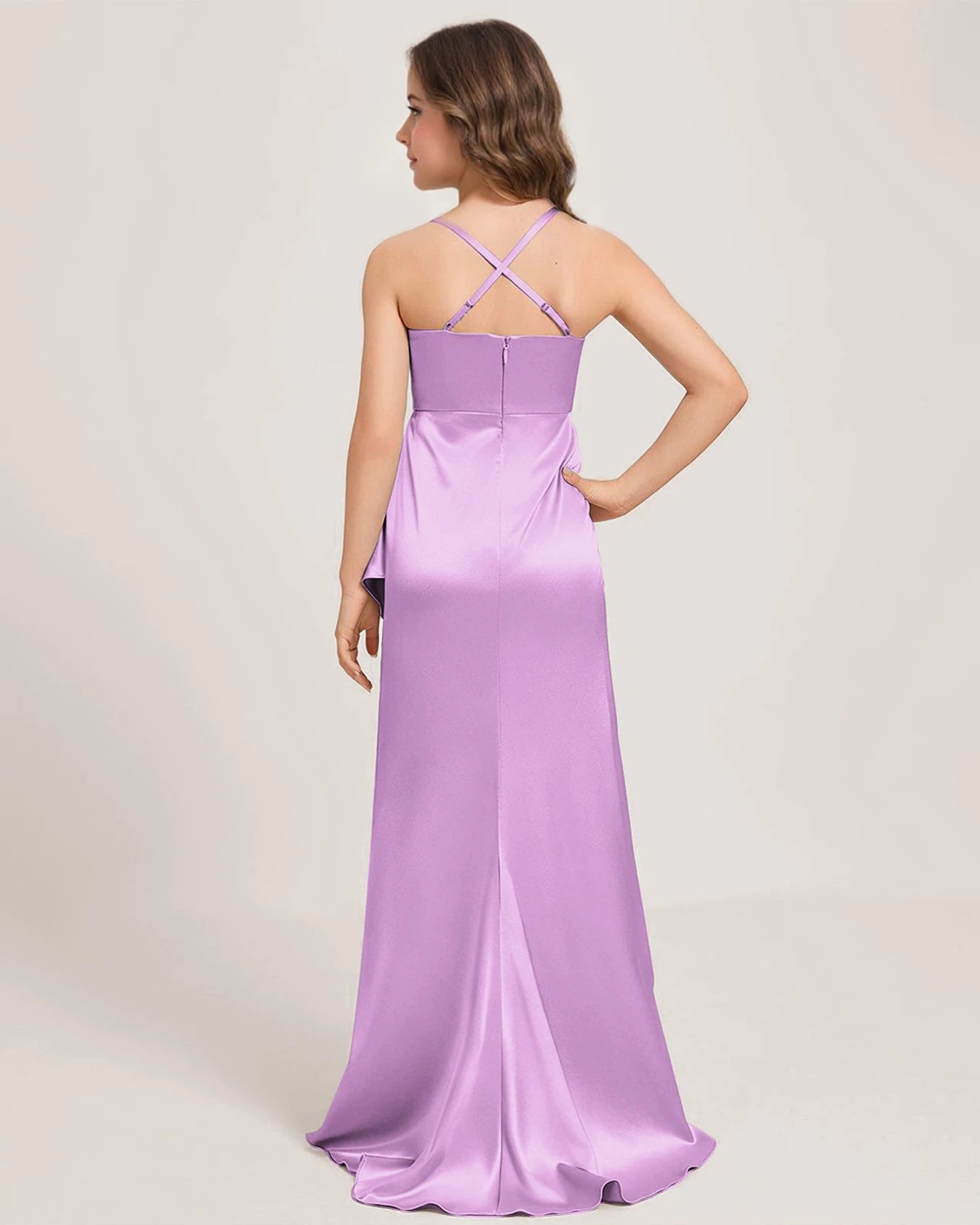 Dideyttawl Junior Bridesmaid Dress with Slit Ruffles Satin  Formal Gowns for Girls