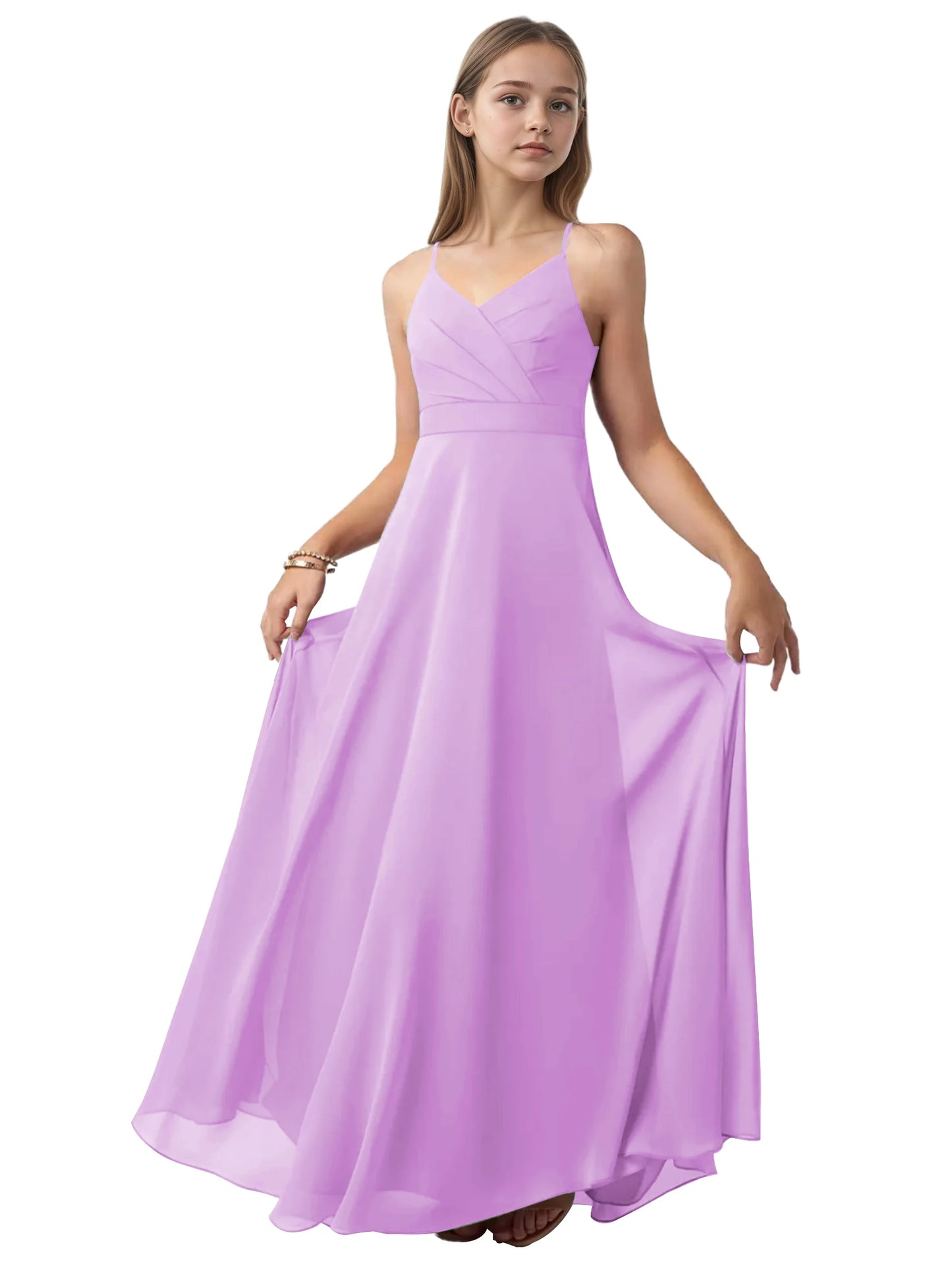 dideyttawl V-Neck Junior Bridesmaid Dress Spaghetti Straps Pleated Chiffon A-Line Flower Girl Dress 2510