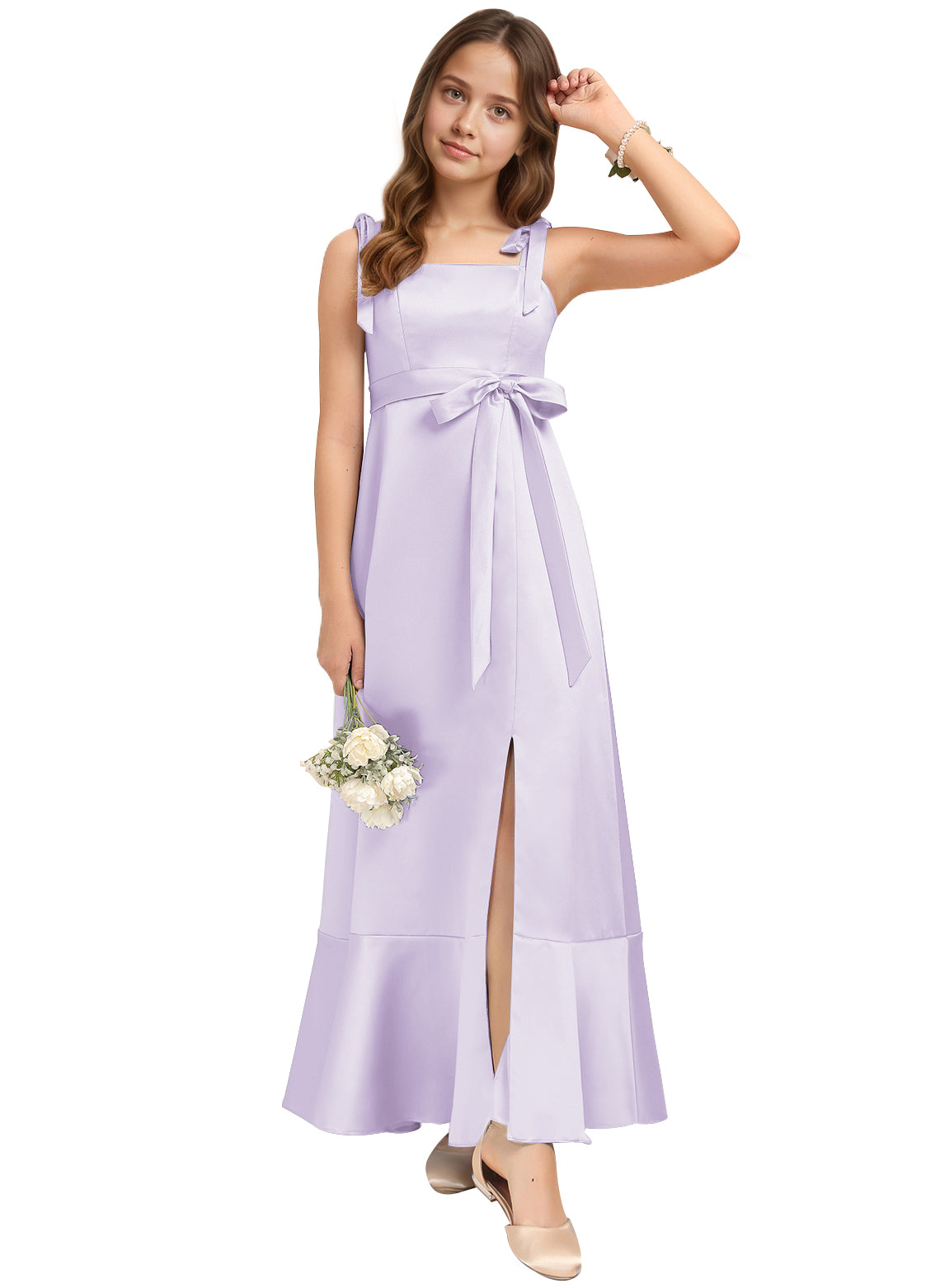 dideyttawl Junior Bridesmaid Dresses for Teens Silk Satin Adjustable Straps Flower Girl Dress with Slit 2529