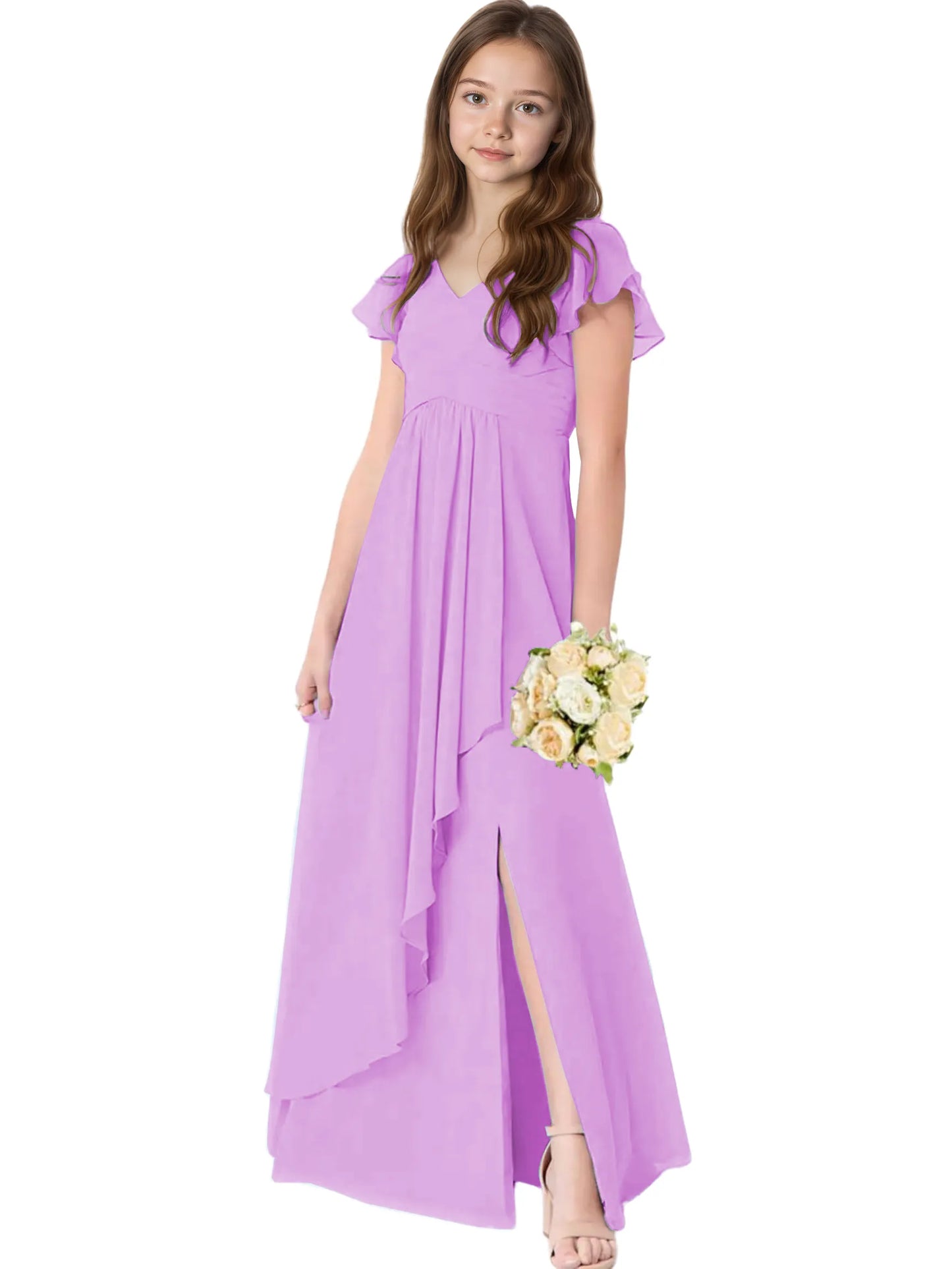 Dideyttawl Chiffon Junior Bridesmaid Dresses Ruffle Sleeves Party Gown 2506