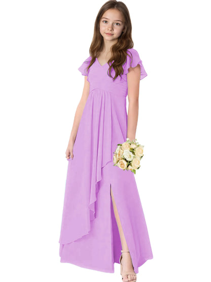 Dideyttawl Chiffon Junior Bridesmaid Dresses Ruffle Sleeves Party Gown 2506