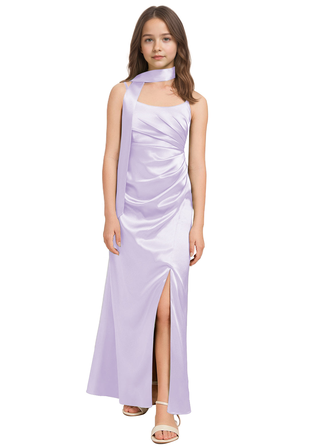 dideyttawl Satin Junior Bridesmaid Dress with Scarf for Girls 4-16 Silk Flower Girl Dress 2527