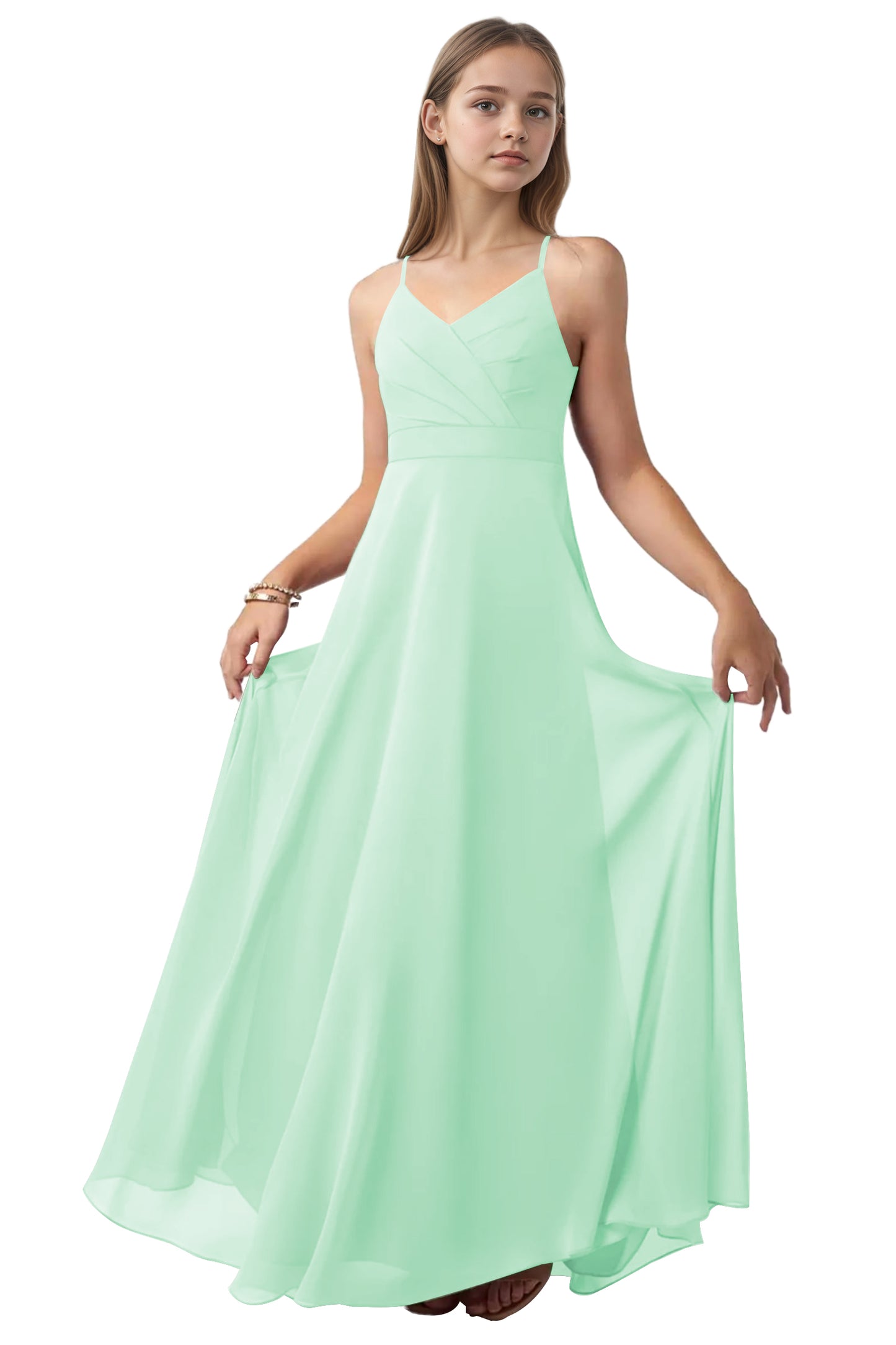 dideyttawl V-Neck Junior Bridesmaid Dress Spaghetti Straps Pleated Chiffon A-Line Flower Girl Dress 2510