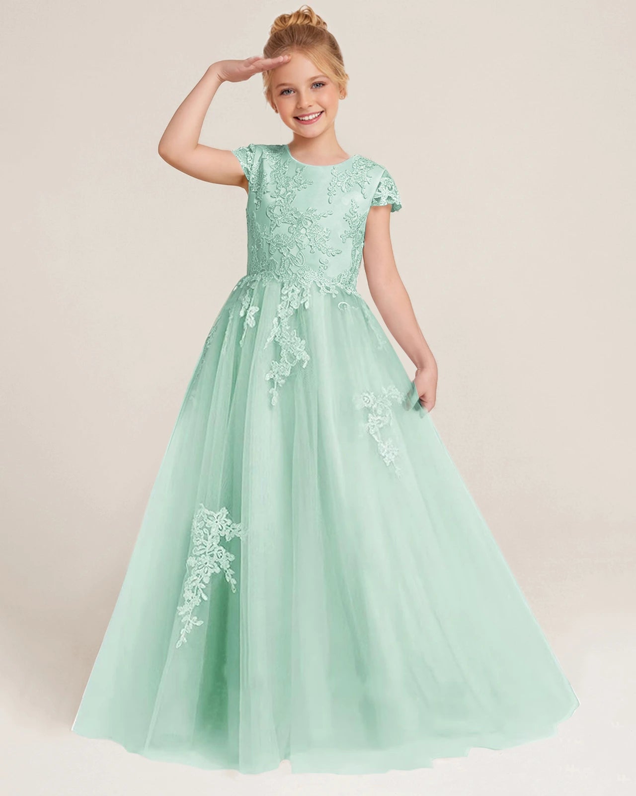 Front Mint Lace Flower Girls Dress