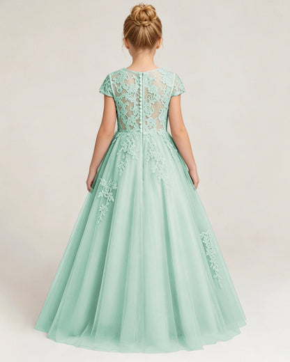 Back Mint Lace Flower Girls Dress