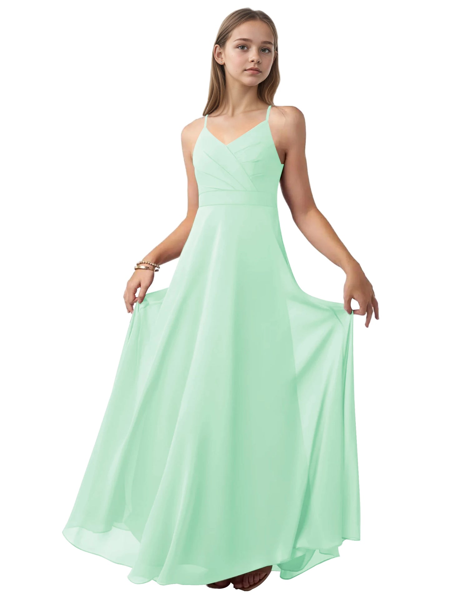 dideyttawl V-Neck Junior Bridesmaid Dress Spaghetti Straps Pleated Chiffon A-Line Flower Girl Dress 2510