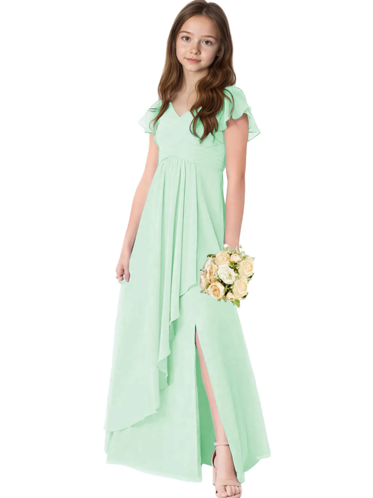 Dideyttawl Chiffon Junior Bridesmaid Dresses Ruffle Sleeves Party Gown 2506