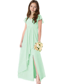 Dideyttawl Chiffon Junior Bridesmaid Dresses Ruffle Sleeves Party Gown 2506