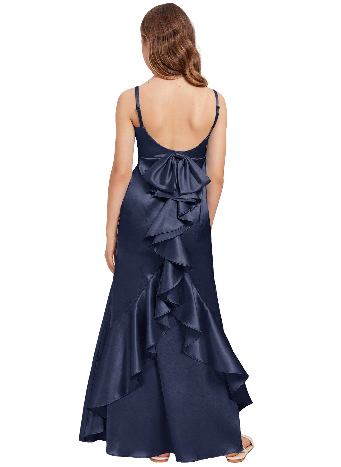 dideyttawl Mermaid Junior Bridesmaid Dress with Slit V-Neck Ruffles Bow Stretch Satin Flower Girl Dress Sleeveless Formal Special Occasion Dress for Wedding 2522
