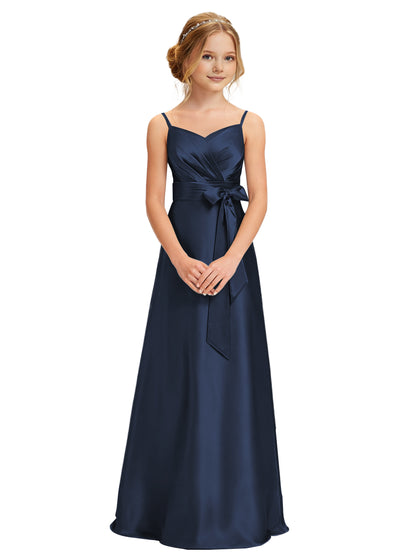 dideyttawl 2026 Girls Pleated Satin Prom Dress Bow Belt Ball Gown Maxi Spaghetti Straps Junior Bridesmaid Dress 2547