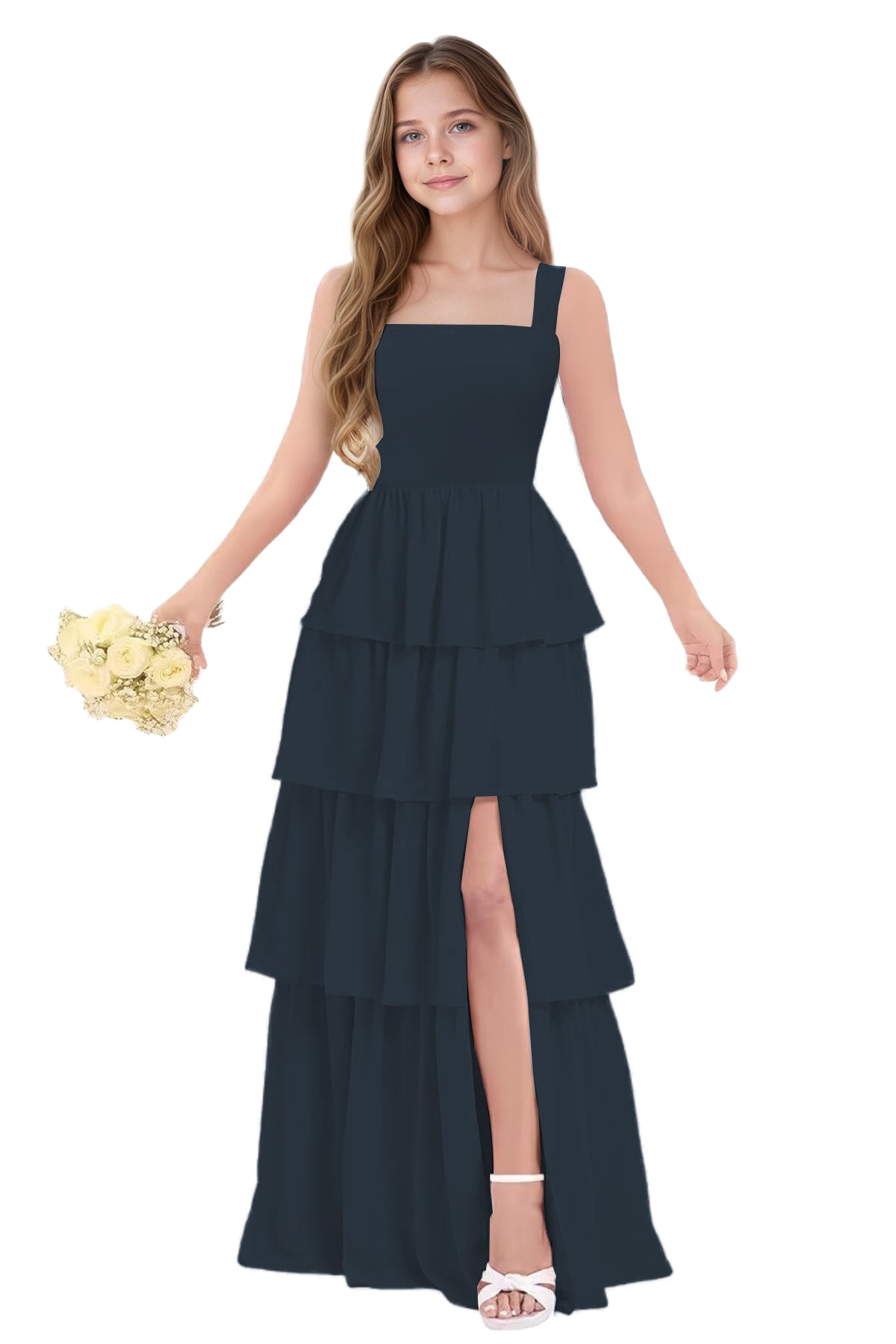 dideyttawl Junior Bridesmaid Dress Spaghetti Strap Square Neck Layered Chiffon A-Line Flower Girl Dress with Slit 2509