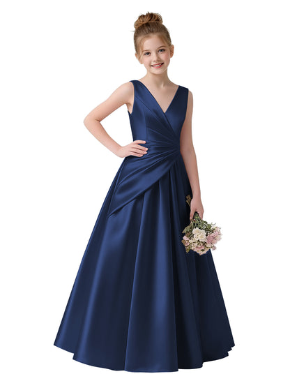 dideyttawl 2026 Pleated Satin Flower Girl Dress Junior Bridesmaid Dress Sleeveless A Line V-Neck Prom Ball Gown 2786