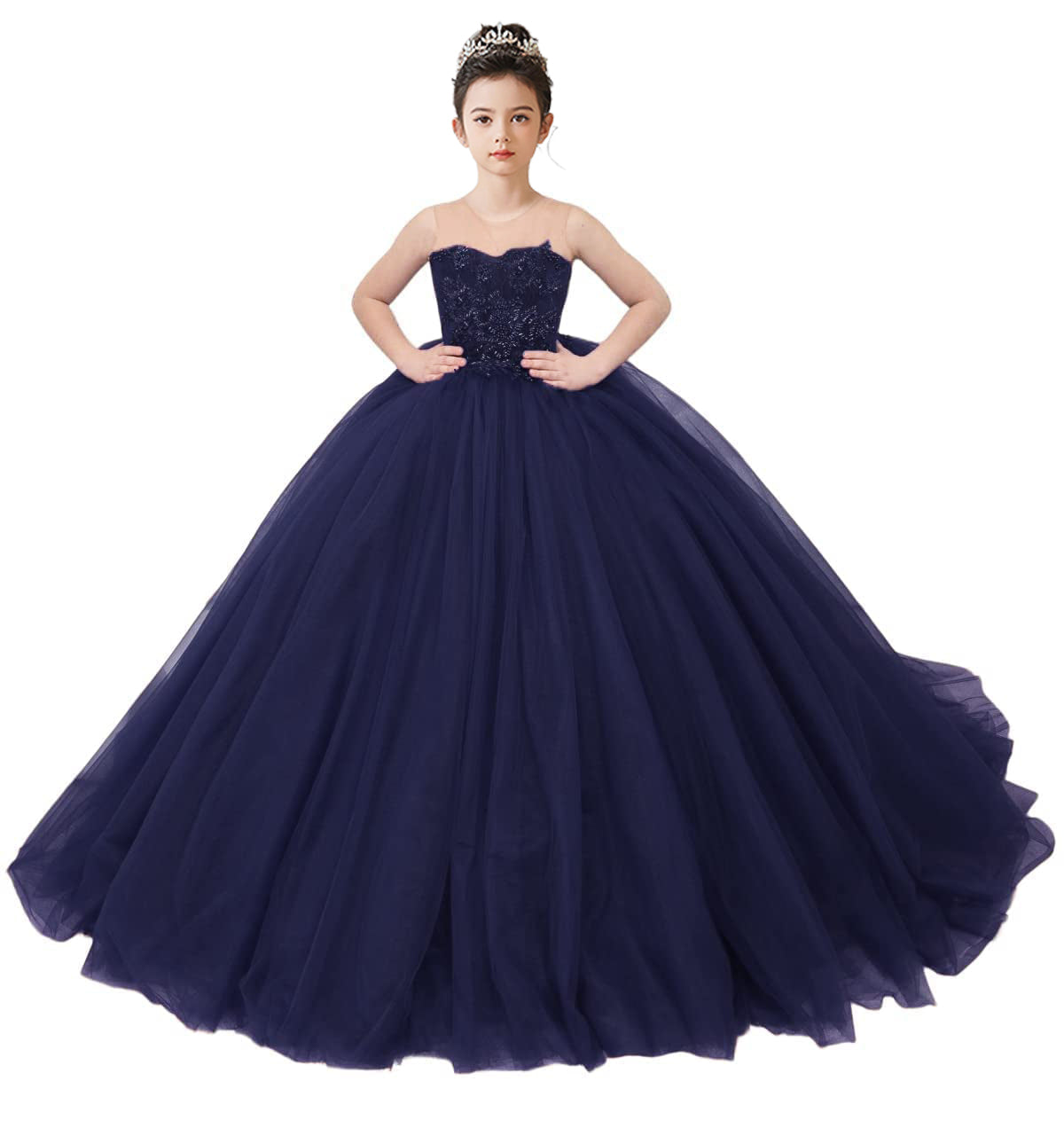 2025 Spring Embroidery Lace Appliqued Tulle Flower Girls Dress Wedding Guest Dress Puffy Princess Dress Strapless Full Length Pageant Dress