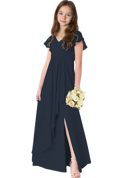 dideyttawl Chiffon Junior Bridesmaid Dresses V Neck Ruffle Sleeves Chiffon Pleated Flowy Flower Girls Dress or 4-16 2506