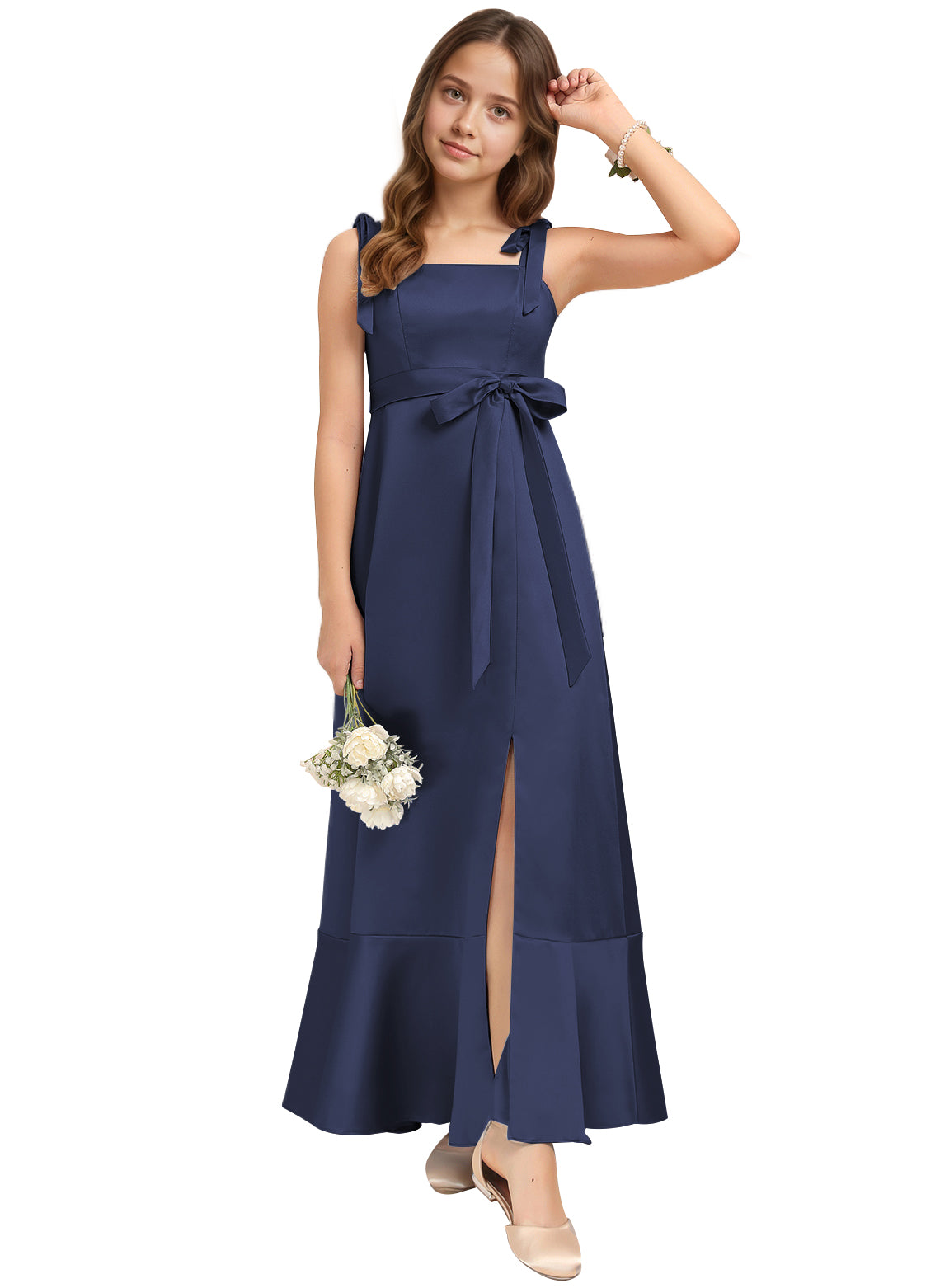 dideyttawl Junior Bridesmaid Dresses for Teens Silk Satin Adjustable Straps Flower Girl Dress with Slit 2529