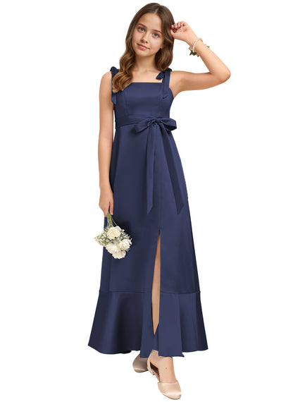dideyttawl Junior Bridesmaid Dresses for Teens Silk Satin Adjustable Straps Flower Girl Dress with Slit 2529
