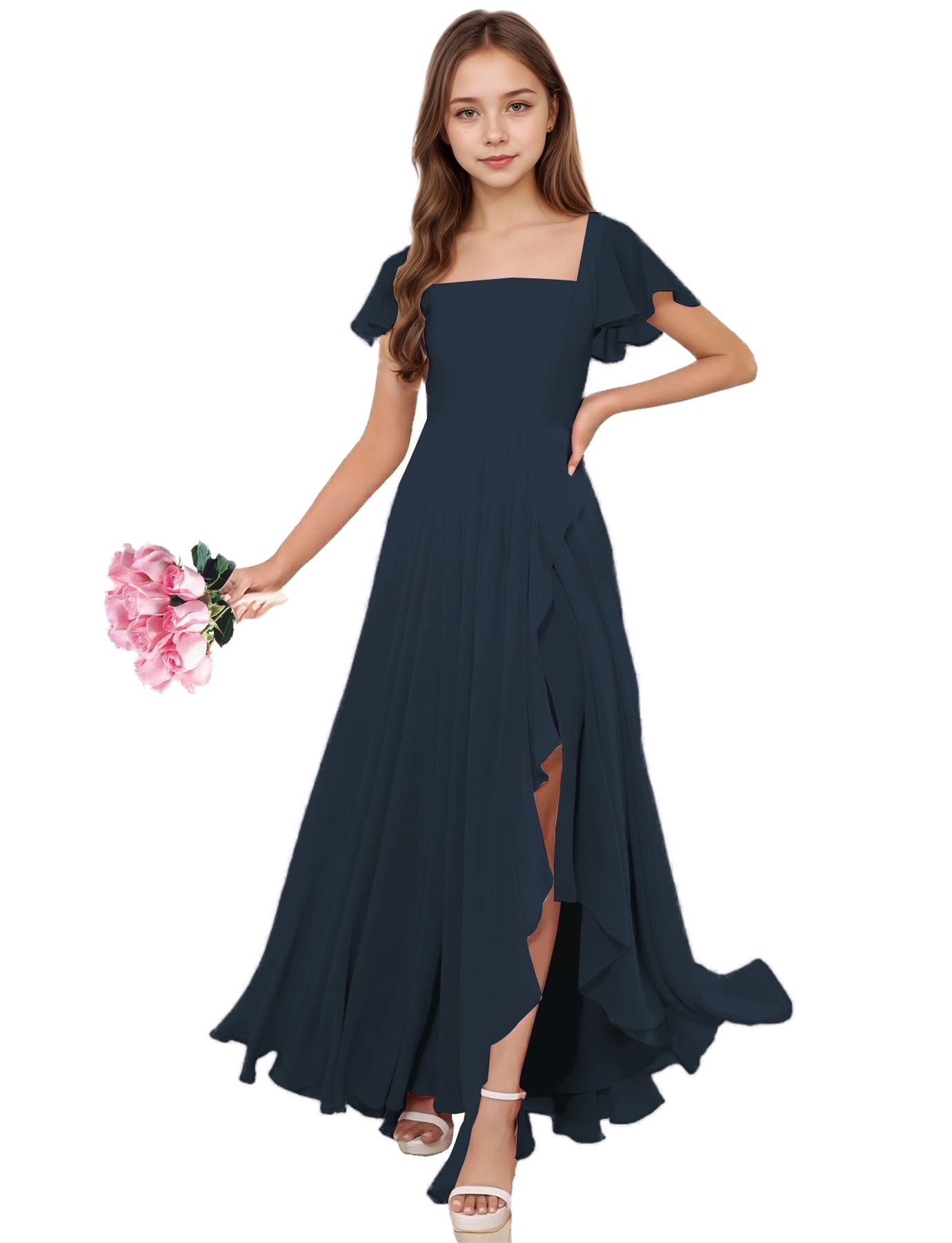 dideyttawl Junior Bridesmaid Dresses Ruffle Sleeve Square Neck Chiffon A-Line Flower Girl Dress with Slit 2508