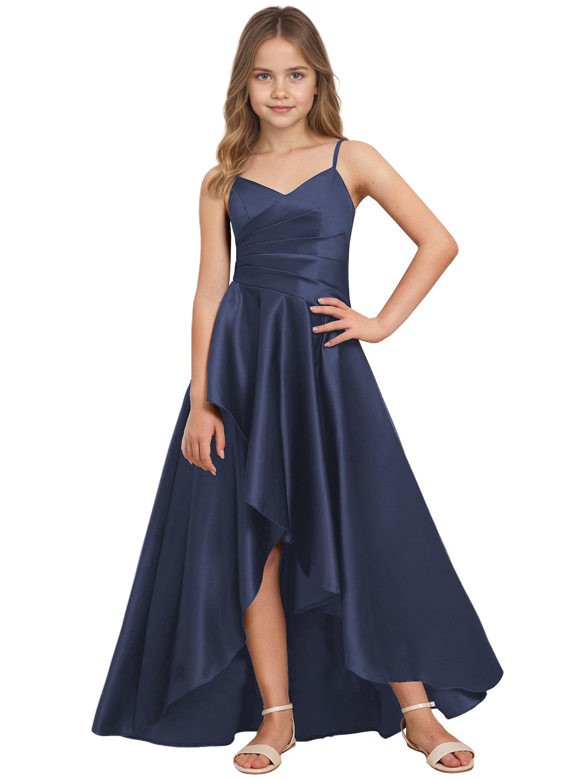 dideyttawl High Low Junior Bridesmaid Dress V-Neck Silk Satin Flower Girl Dress Sleeveless Formal Special Occasion Dress for Wedding 2523