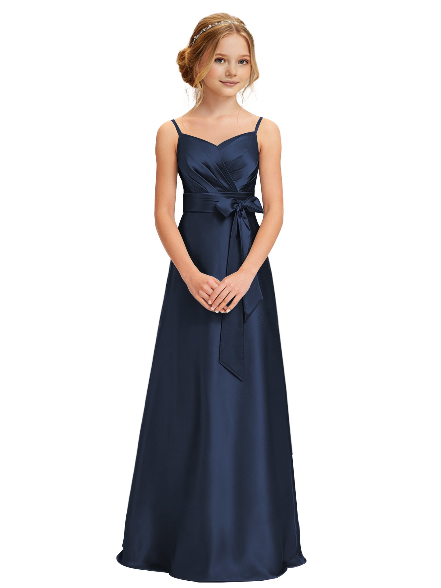 dideyttawl 2026 Girls Pleated Satin Prom Dress Bow Belt Ball Gown Maxi Spaghetti Straps Junior Bridesmaid Dress 2547
