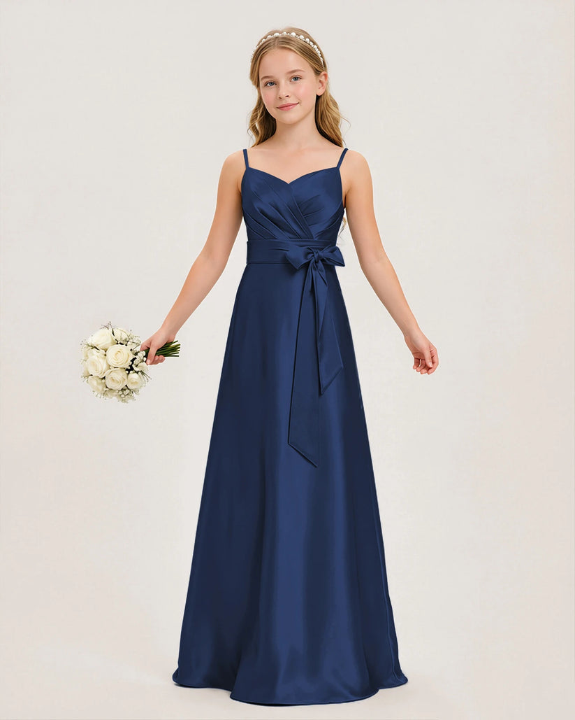 Navy Blue Satin A-line Junior Bridesmaid Dress Front View