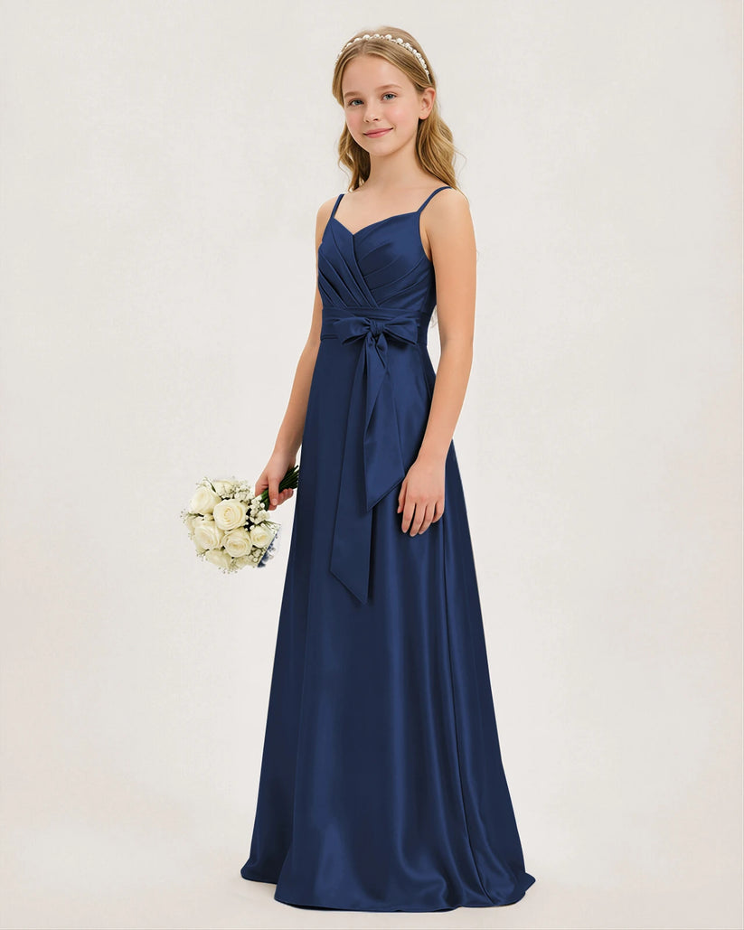 Navy Blue Satin A-line Junior Bridesmaid Dress Side View
