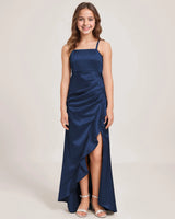 Navy Blue Satin A-line Girls Formal Dress Front View