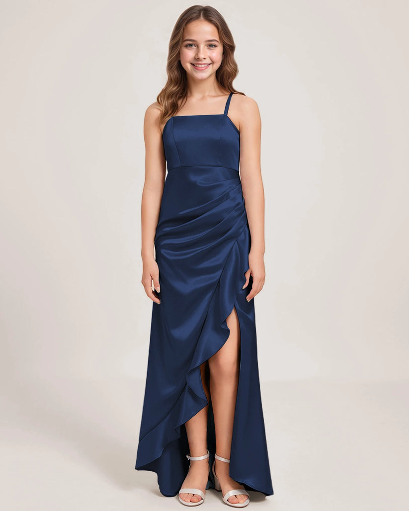 Navy Blue Satin A-line Girls Formal Dress Front View