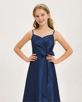 Navy Blue Satin A-line Junior Bridesmaid Dress Front View