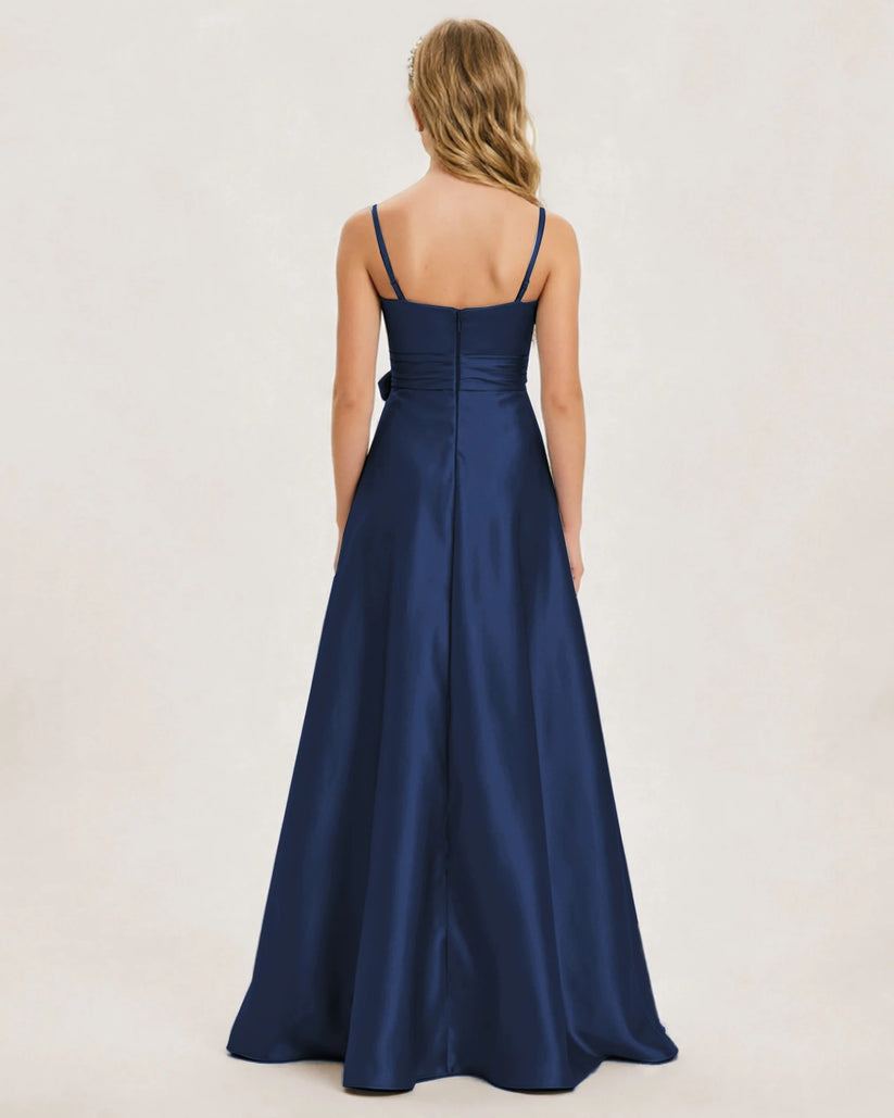 Navy Blue Satin A-line Junior Bridesmaid Dress Back View