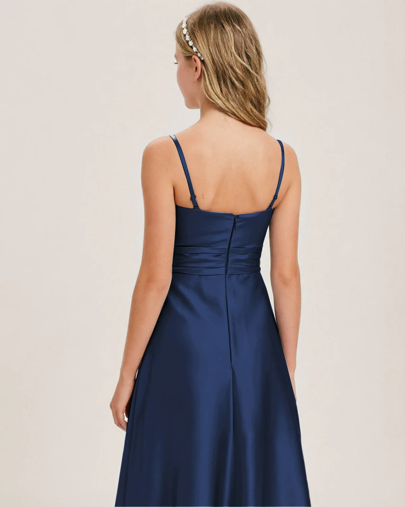Navy Blue Satin A-line Junior Bridesmaid Dress Back View