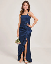 Dideyttawl Girls Formal Dress with Slit Ruffles Satin  Formal Gowns for Girls