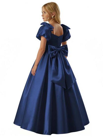 dideyttawl 2026 Satin Flower Girl Dress A Line Big Bow Long Prom Princess Ball Gown Puff Sleeves Junior Bridesmaid Dress 2773