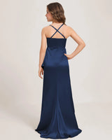 Navy Blue Satin A-line Girls Formal Dress Back View