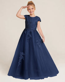 Front Navy Blue Lace Flower Girls Dress